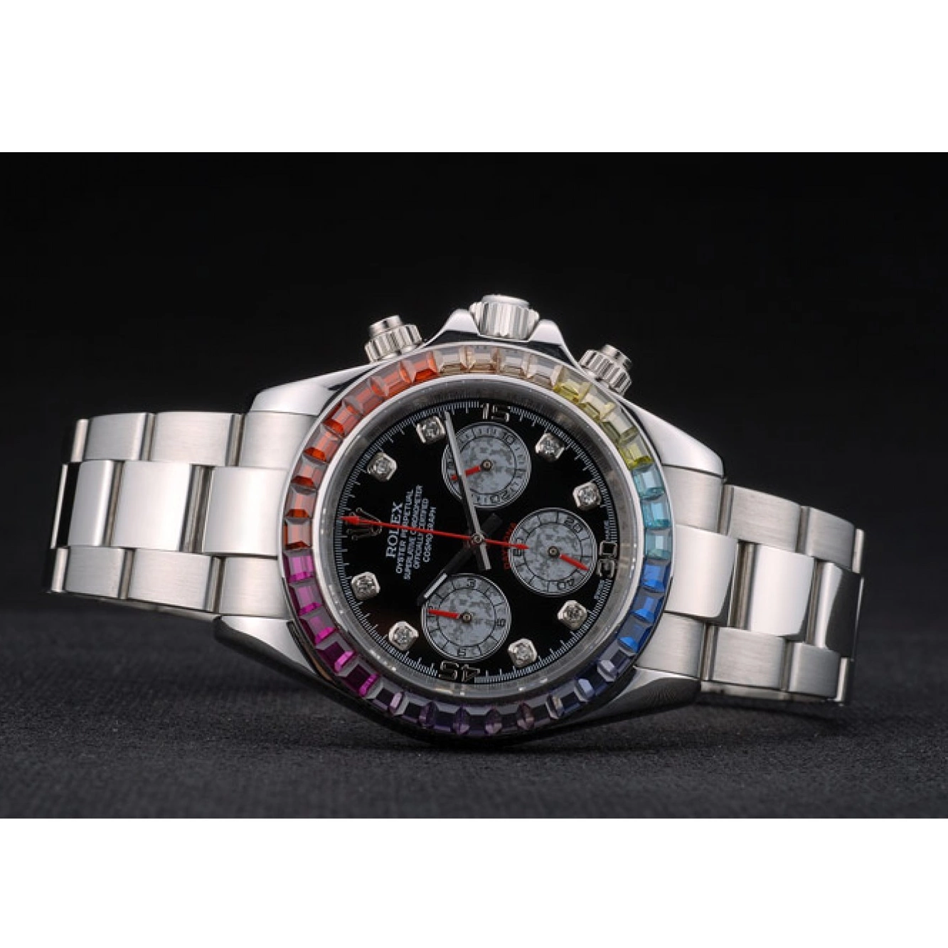 MiroTime 0709 Rolex Daytona Cosmograph Rainbow Crystals Bezel Stainless Steep Strap Black Dial 80250